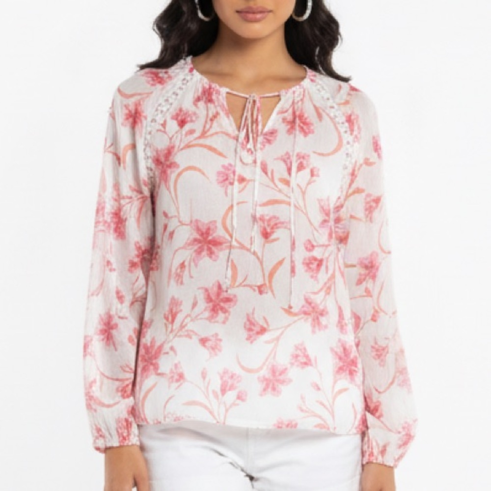 Como Blu Womens White Pink Floral Lace Trim‎ Tie Neck Long Sleeve Blouse Rayon S